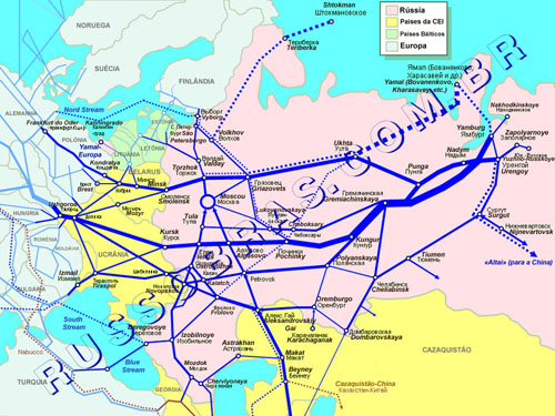 gasodutos da Rússia - sistema de abastecimento e de exportação do gás natural - mapa