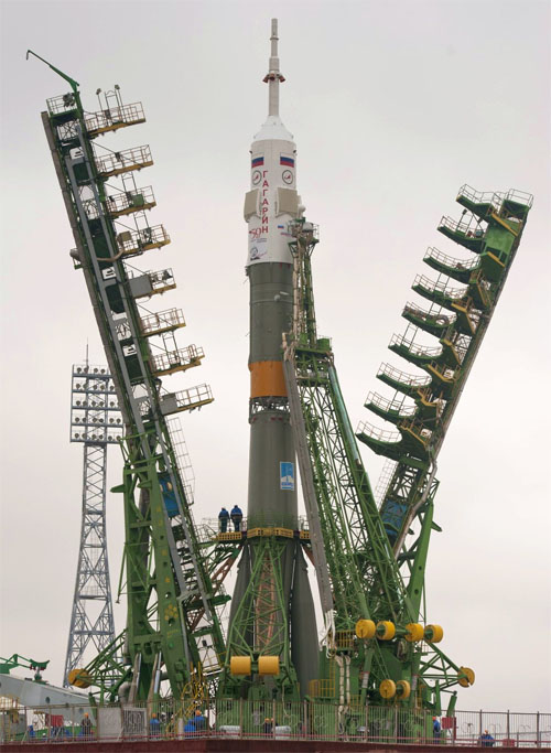 Rússia no espaço - nave espacial Soyuz no cosmódromo Baikonur
