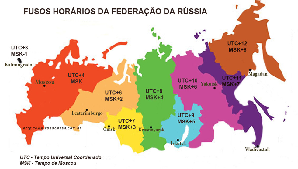 mapa - fusos horários da Federação da Rússia