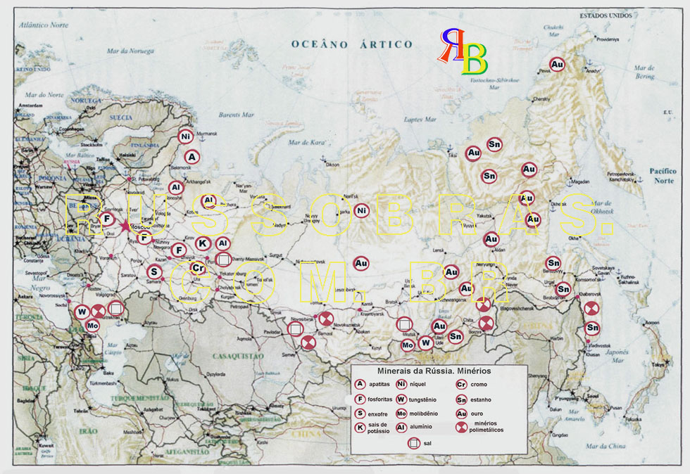 mapa - minerais da Federação da Rússia, minérios
